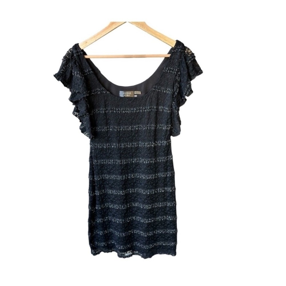Guess Dress Black Metallic Lace Flutter Sleeve Mini Lux Preppy Wedding Party 6